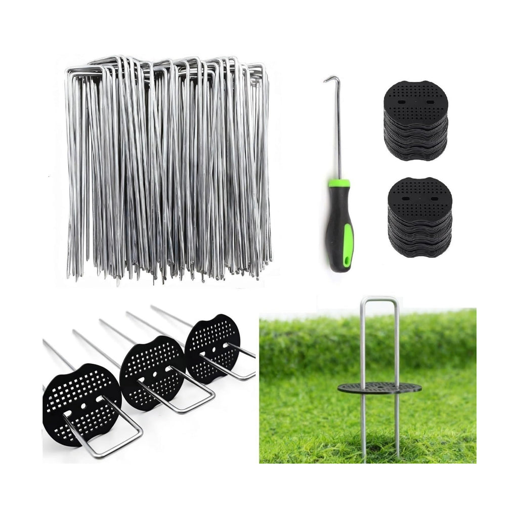 8 Inch 100 PCS Galvanized Landscape Staples with 100 PCS Gasket, Landscape Fabric Pins Stakes Lawn Ground Cover Graden