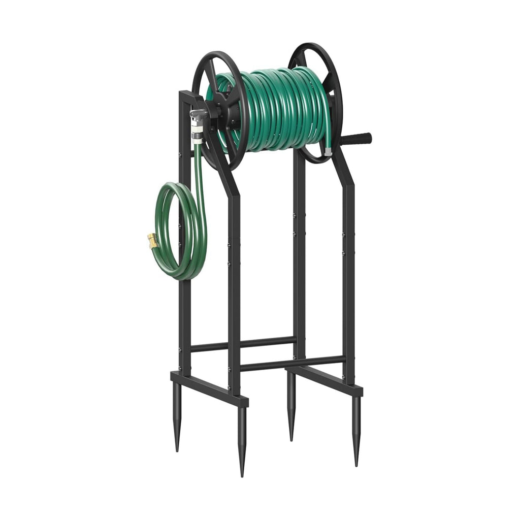 4-Spike Garden Hose Reel with 3.9ft Leader Hose & Stainless Fitting, Outdoor Hose Holder holds 125ft Hose of 5/8"