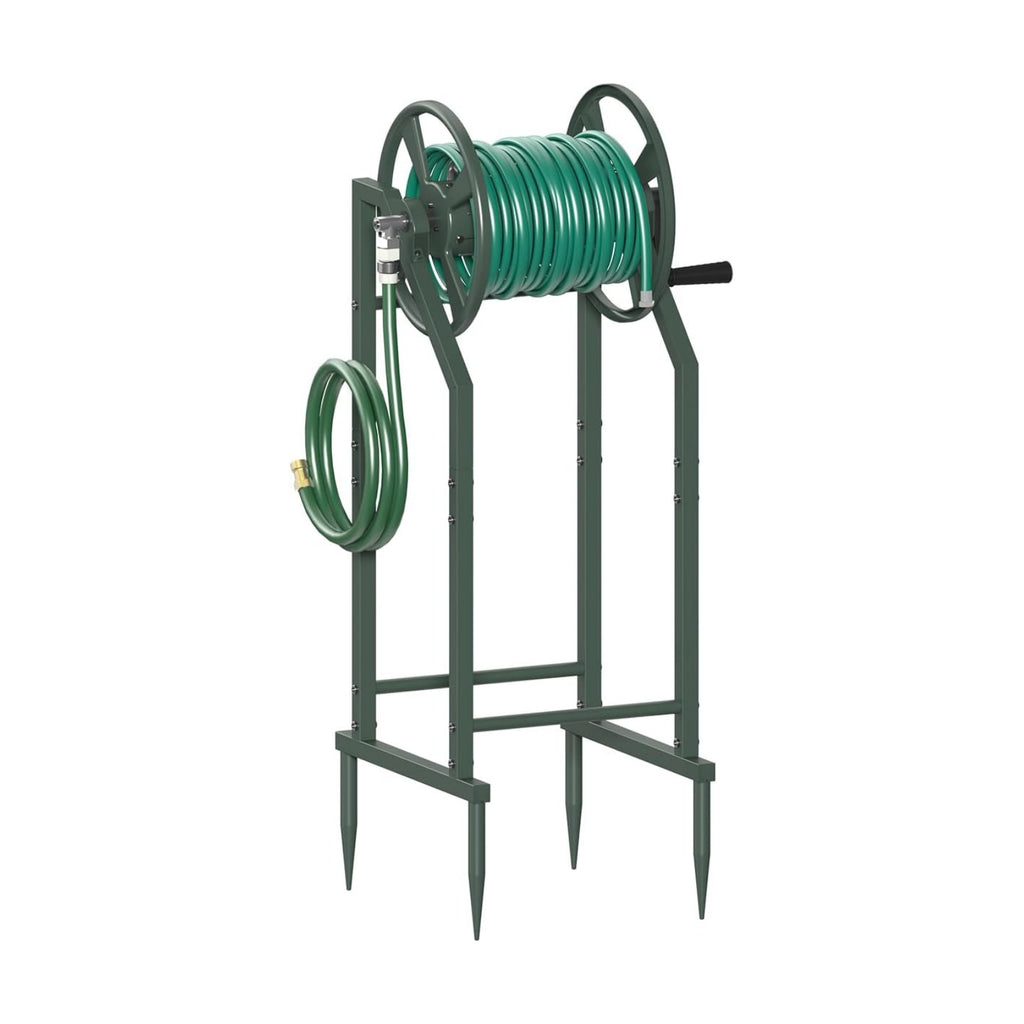 4-Spike Garden Hose Reel with 3.9ft Leader Hose & Stainless Fitting, Outdoor Hose Holder holds 125ft Hose of 5/8"