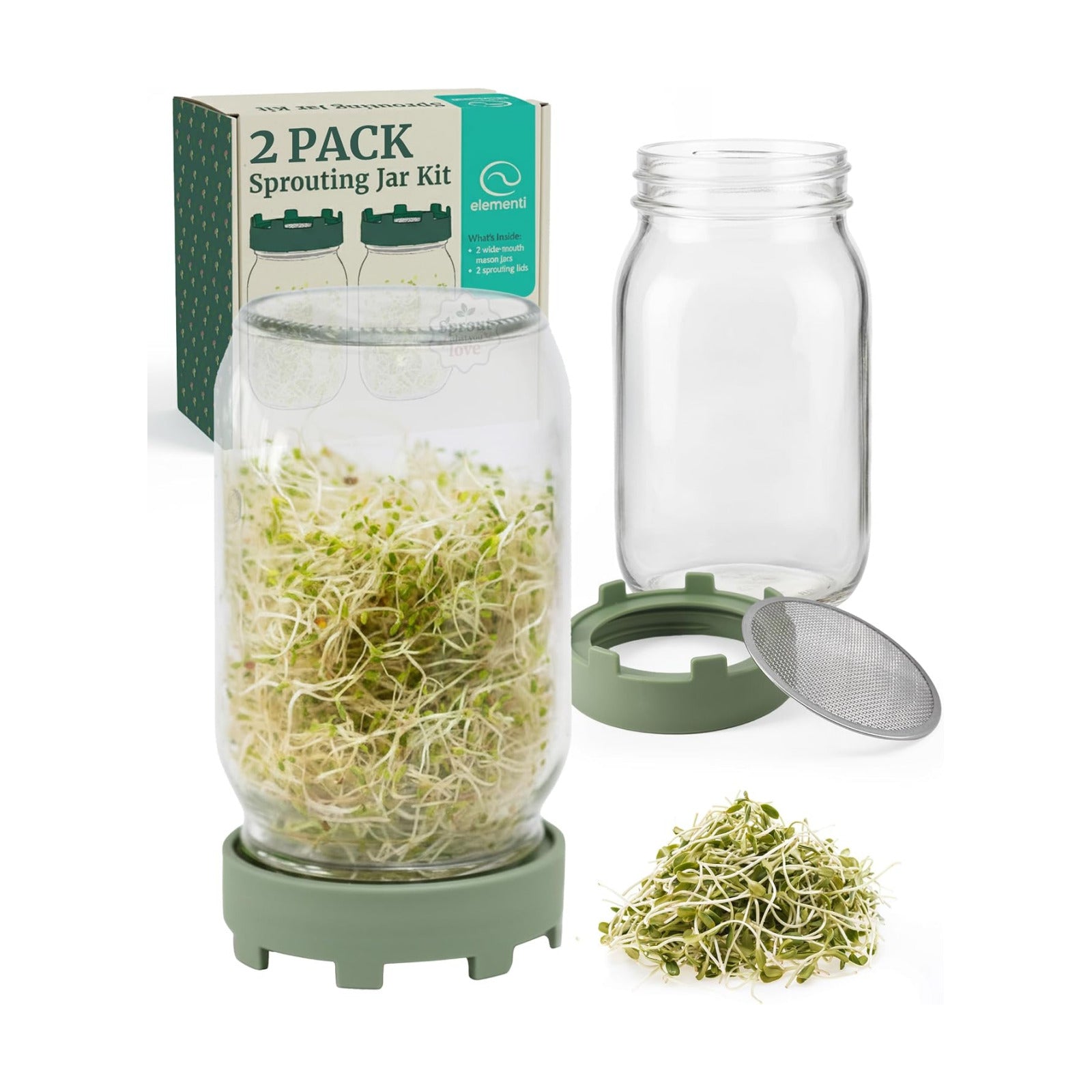 Elementi Sprouting Jar Kit - Set of 2 Wide Mouth Mason Jars with Sprout Lids & Stainless Steel Mesh Screen - Seed