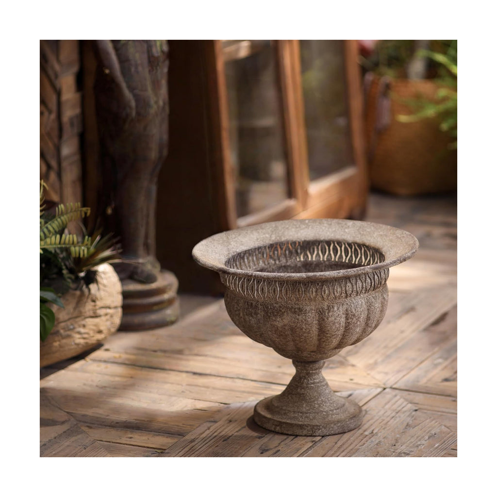 Vintage Urn Planter with Embossed Pattern, Imitation Stone Finish Flower Pot, Distressed Classic Plant Pot for Outdoor