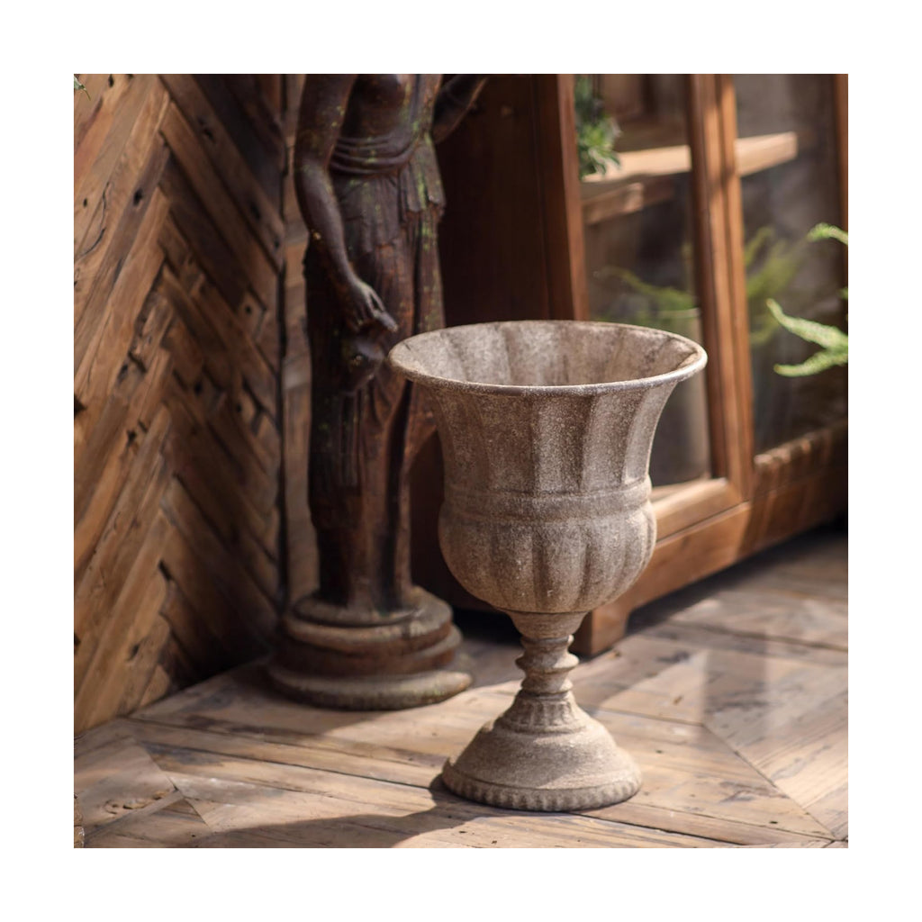 Vintage Urn Planter with Embossed Pattern, Imitation Stone Finish Flower Pot, Distressed Classic Plant Pot for Outdoor