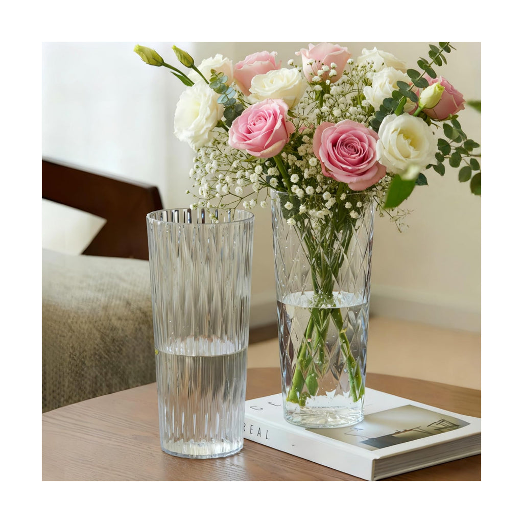 2 Clear Plastic Flower Vase, 10.2" Acrylic Rose Bouquet Vases for Home Decor Centerpieces Wedding Birthday Mothers (D4.6 2 + 2 Holder)