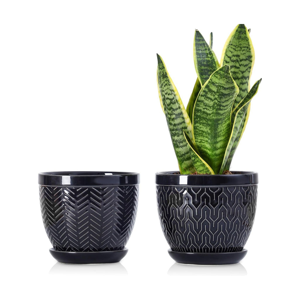 Sureasy 6.5 Inch Ceramic Plant Pots, Embossed Decorative Planters with Drainage Hole and Saucer, Modern Flower Pots for