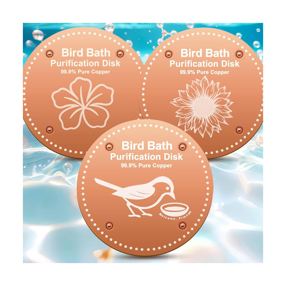 OICEME Bird Bath Purification Disk Pure Copper Outside Winter Solar Power Birdbath Heater Deicer Cage Hanging Bowl Metal Warmer Deck Railing Glass Concrete Ceramic Stone Stand Outdoor Fountain 3PCS