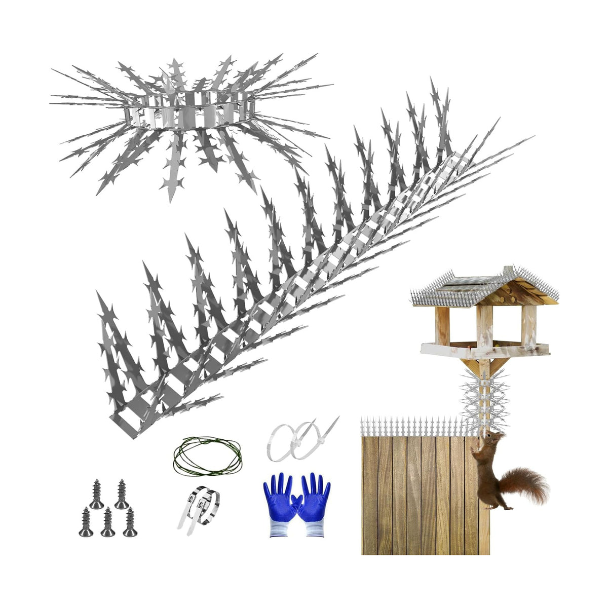 Bird Spikes Squirrel Proof Baffle for Bird Feeders, 158 Inch Avoid Climb Spikes for Outside, Fence, Garden, Tree, Roof, Deterrent Spikes for Squirrel, Raccoon, Pigeon, Cat, Stainless Steel Barb Spikes