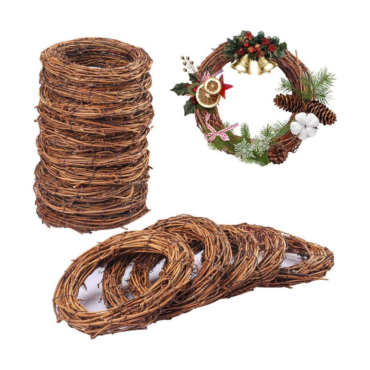 16 Pcs 6 inch Natural Grapevine Wreath Set, Hand-Woven Vine Branch Wreaths for DIY Crafts, Christmas Decorations, Home & Event Styling