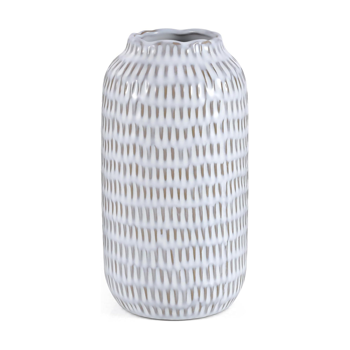 Ceramic Vase for Flowers – Modern Small Ribbed Textured Flower Vase for Home Decor, Pampas Grass, Decorative, Farmhouse, Coffee Table, Kitchen Centerpieces, Bookshelf and Home Living (Glaze White)