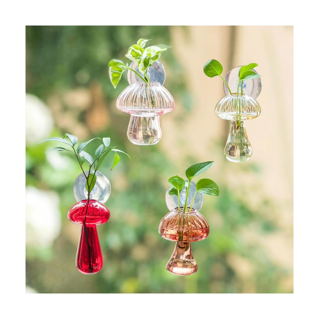 Glasseam Window Plant Propagation Station: 4Pcs Glass Hanging Mushroom Vase | With Suction Cup, Colorful, Cute