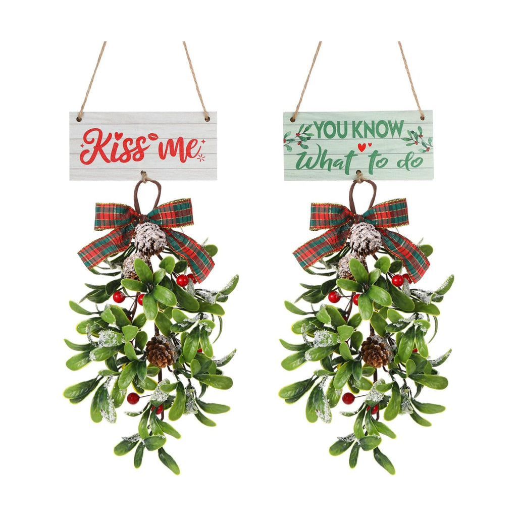 AceOrbit 2 Set 13.4'' Large Christmas Mistletoe Decor Wooden Sign for Christmas Kiss Ornament You Know What to Do Giant Artificial Mistletoe Hanging for Home Xmas Holiday Farmhouse Decoration