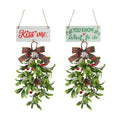 AceOrbit 2 Set 13.4'' Large Christmas Mistletoe Decor Wooden Sign for Christmas Kiss Ornament You Know What to Do Giant Artificial Mistletoe Hanging for Home Xmas Holiday Farmhouse Decoration