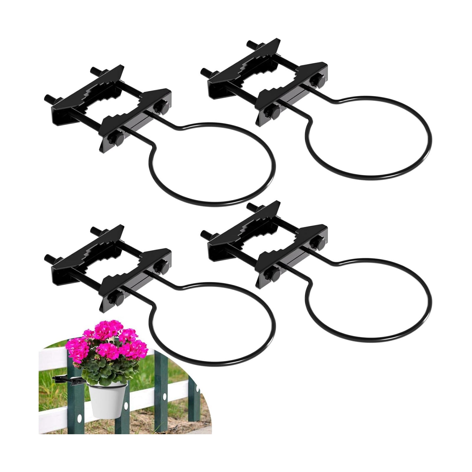 6" Clamp-On Flower Pot Ring, 4 Pack Heavy Duty Deck Flowerpot Holder Ring Metal Planter Hanger Hanging Plant Holder
