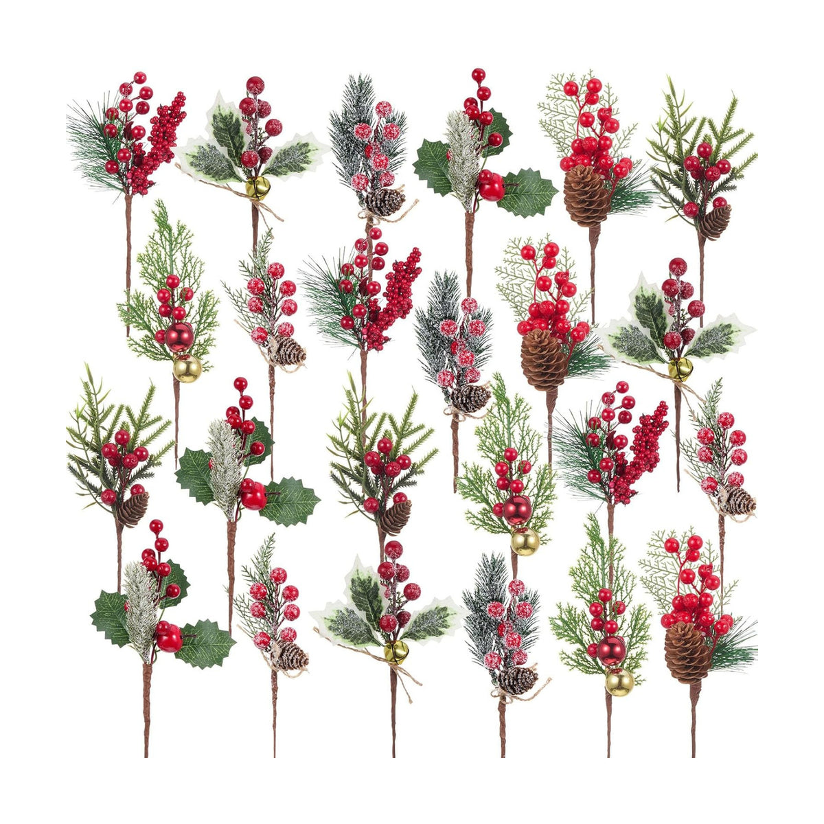 WILLBOND 24 Pcs Artificial Christmas Tree Picks Red Berry Pine Picks Spray Berry Branches Poinsettia Holly Pine Flower Pick Berries Pinecones for Christmas Crafts Party Festive Home Decor (Novel)