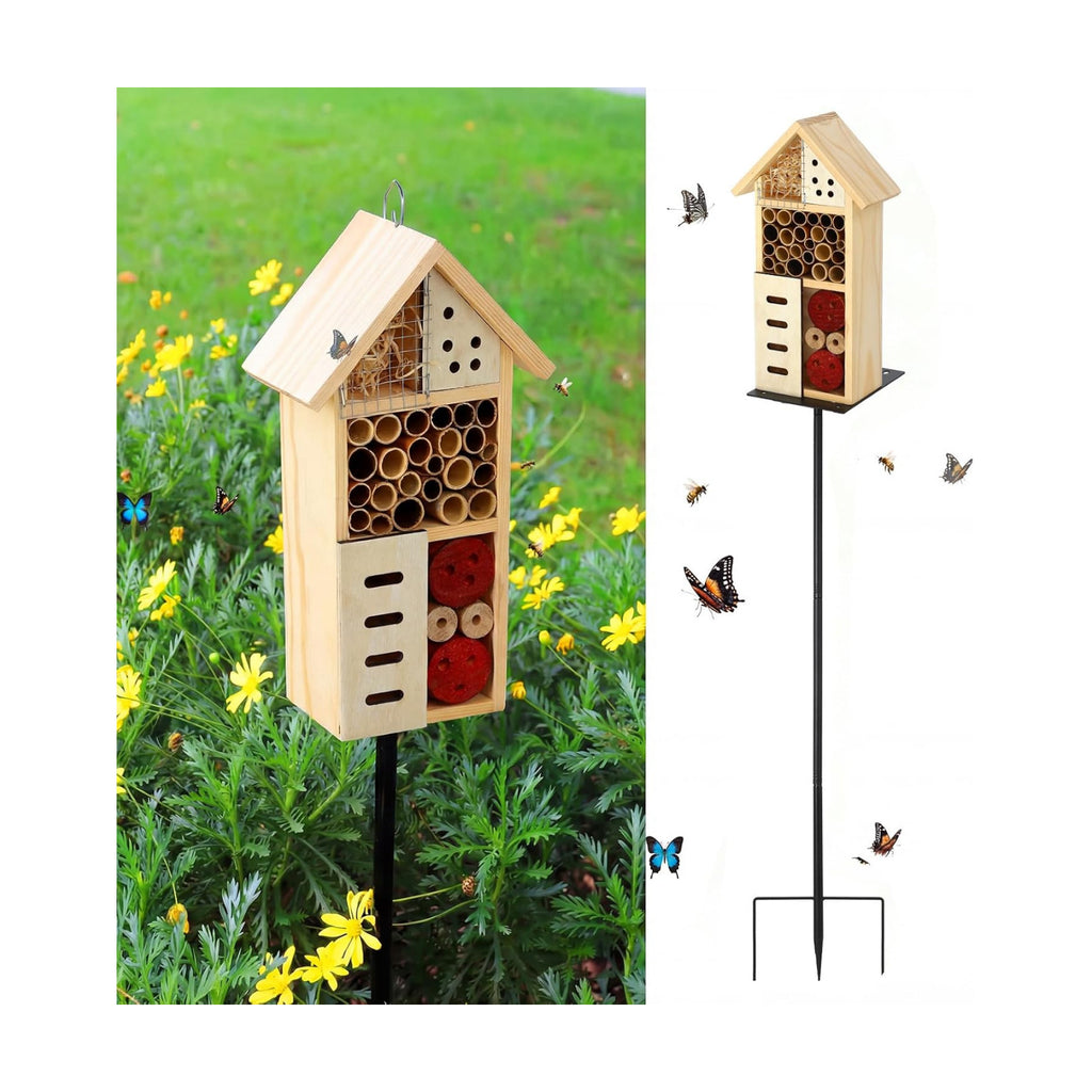 Novabright Wooden Insect House with Metal Stake Insect Hotel Bee House Natural Bug Habitat for Bee Butterfly Ladybirds