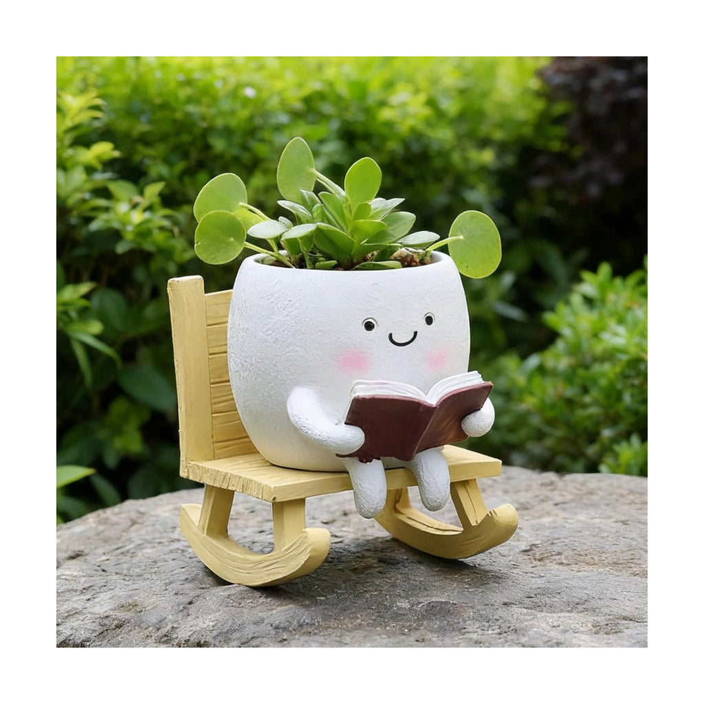 Smiley Face Planter Pot, Cute Resin Head Planter with Drainage Hole, Unique Rocking Chair Succulent Pot for Indoor