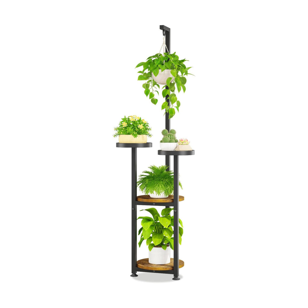 LASZOLA Hanging Plant Stand Holder Indoor Outdoor Tall, 4 Tier Black | Large Heavy Duty Metal Vertical Corner Hanger