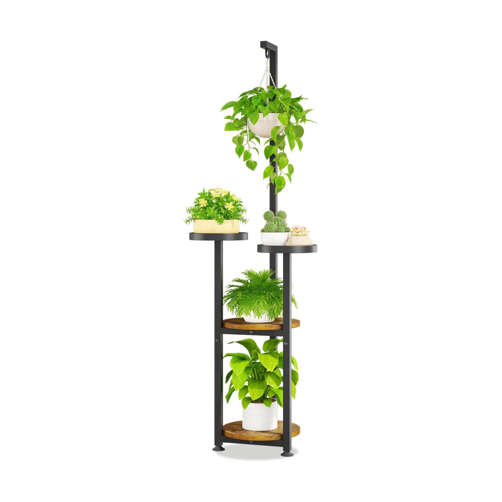 LASZOLA Hanging Plant Stand Holder Indoor Outdoor Tall, 4 Tier Black | Large Heavy Duty Metal Vertical Corner Hanger