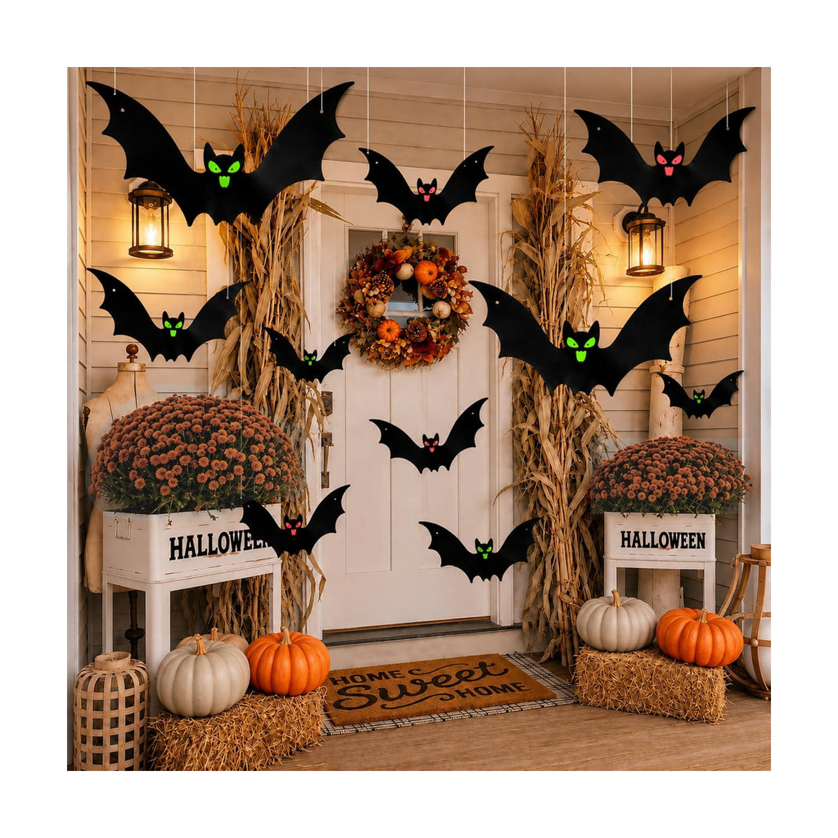12 Pack Hanging Bats Halloween Decorations, 3 Sizes Flying Bat Decor