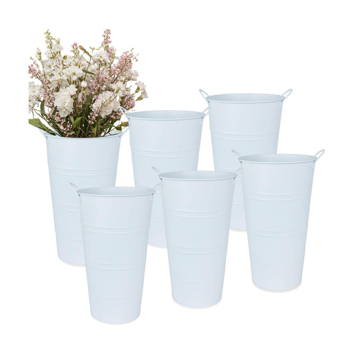 12 Inch Galvanized Metal Vase, 6 Pack Tall Flower Buckets with Handles