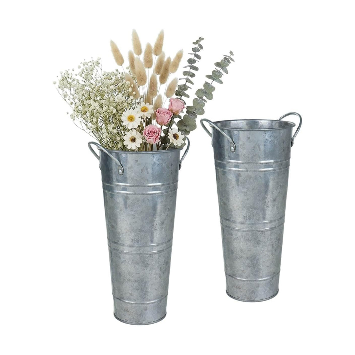 9 Inch Galvanized Flower Bucket, 2 Pack Tabletop Vases for Dried Flowers