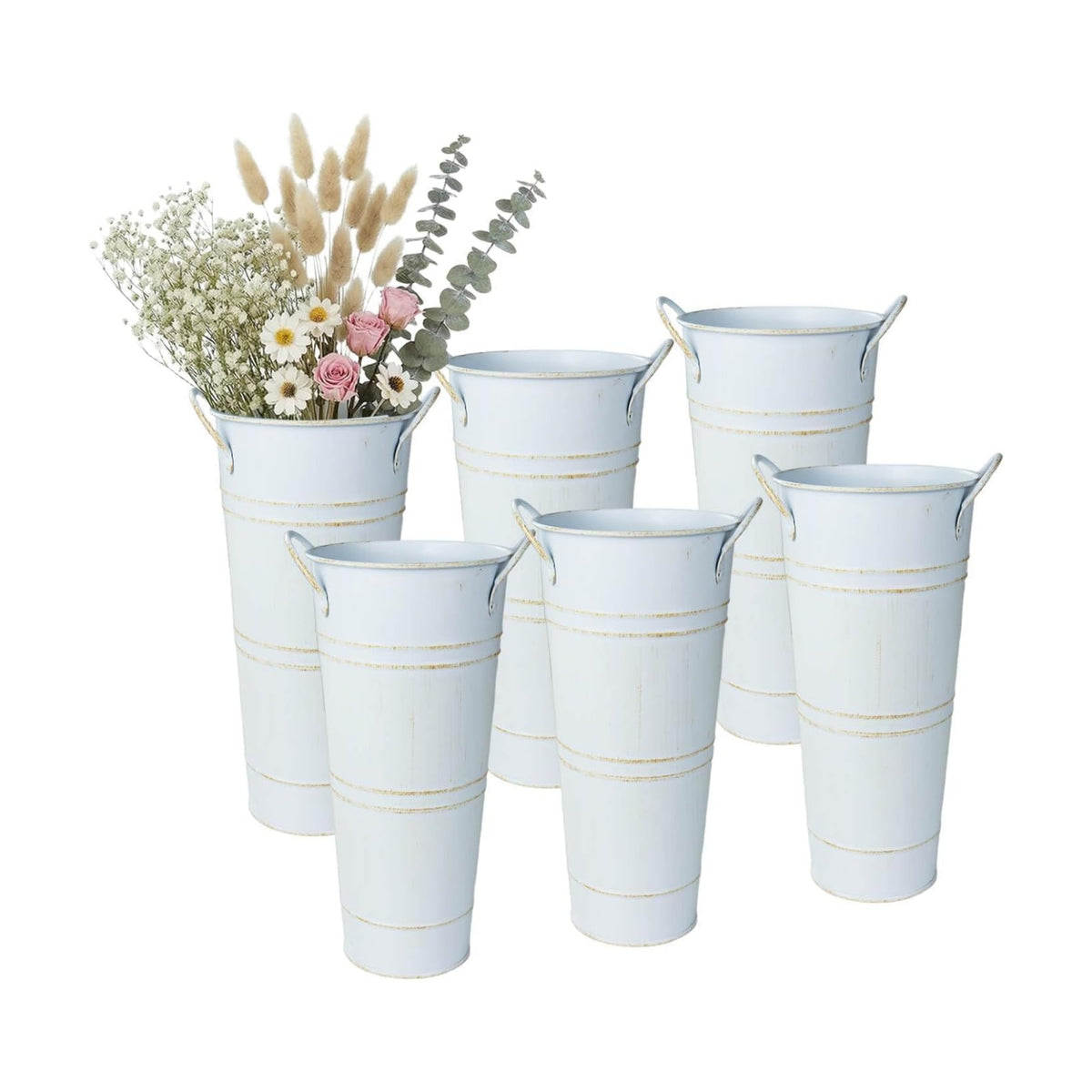 9 Inch Galvanized Flower Bucket, 6 Pack Tabletop Vases for Dried Flowers