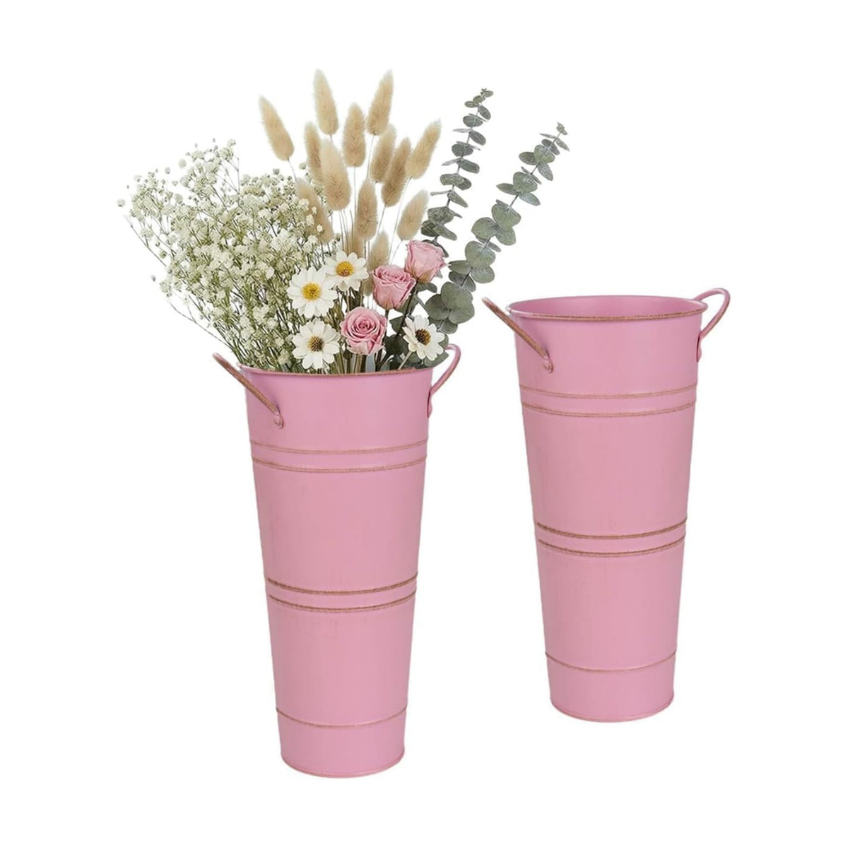 9 Inch Galvanized Flower Bucket, 2 Pack Tabletop Vases for Dried Flowers