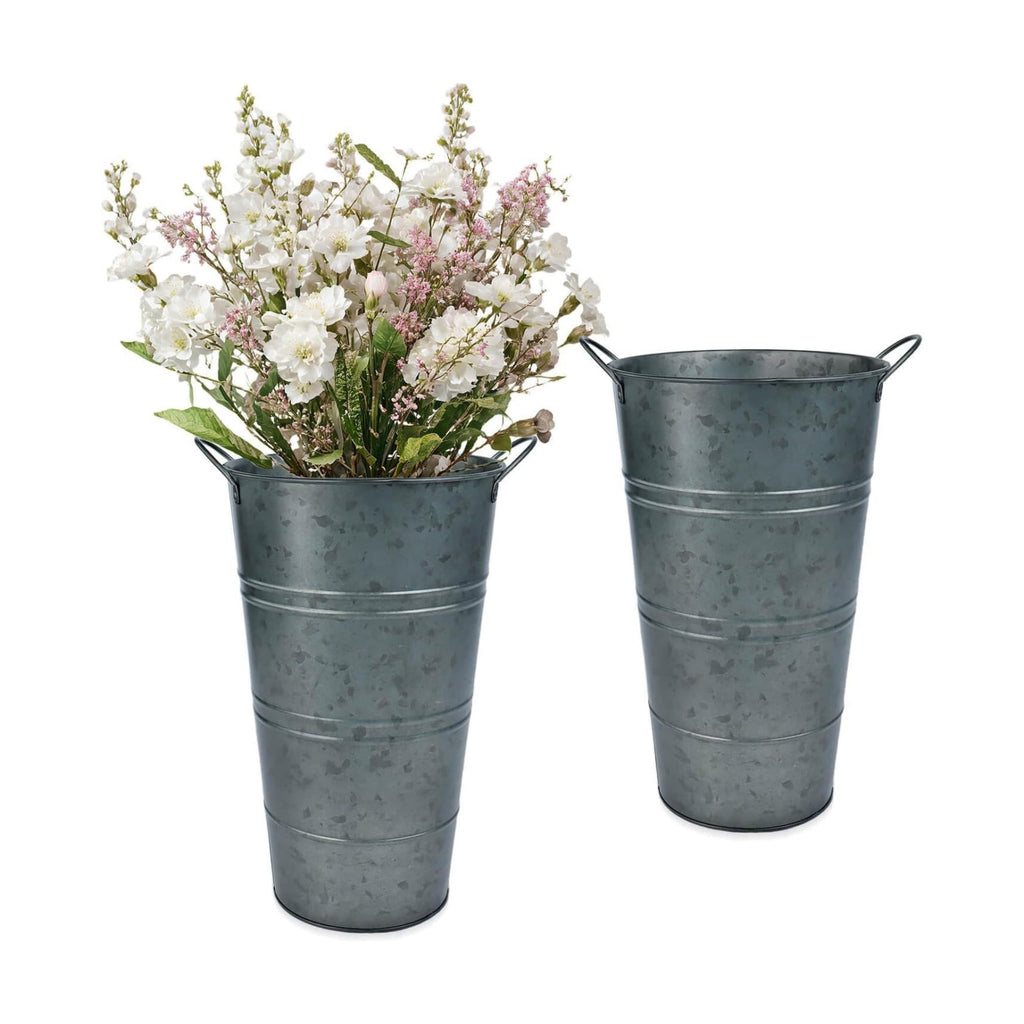 12 Inch Galvanized Metal Vase, 2 Pack Tall Flower Buckets with Handles