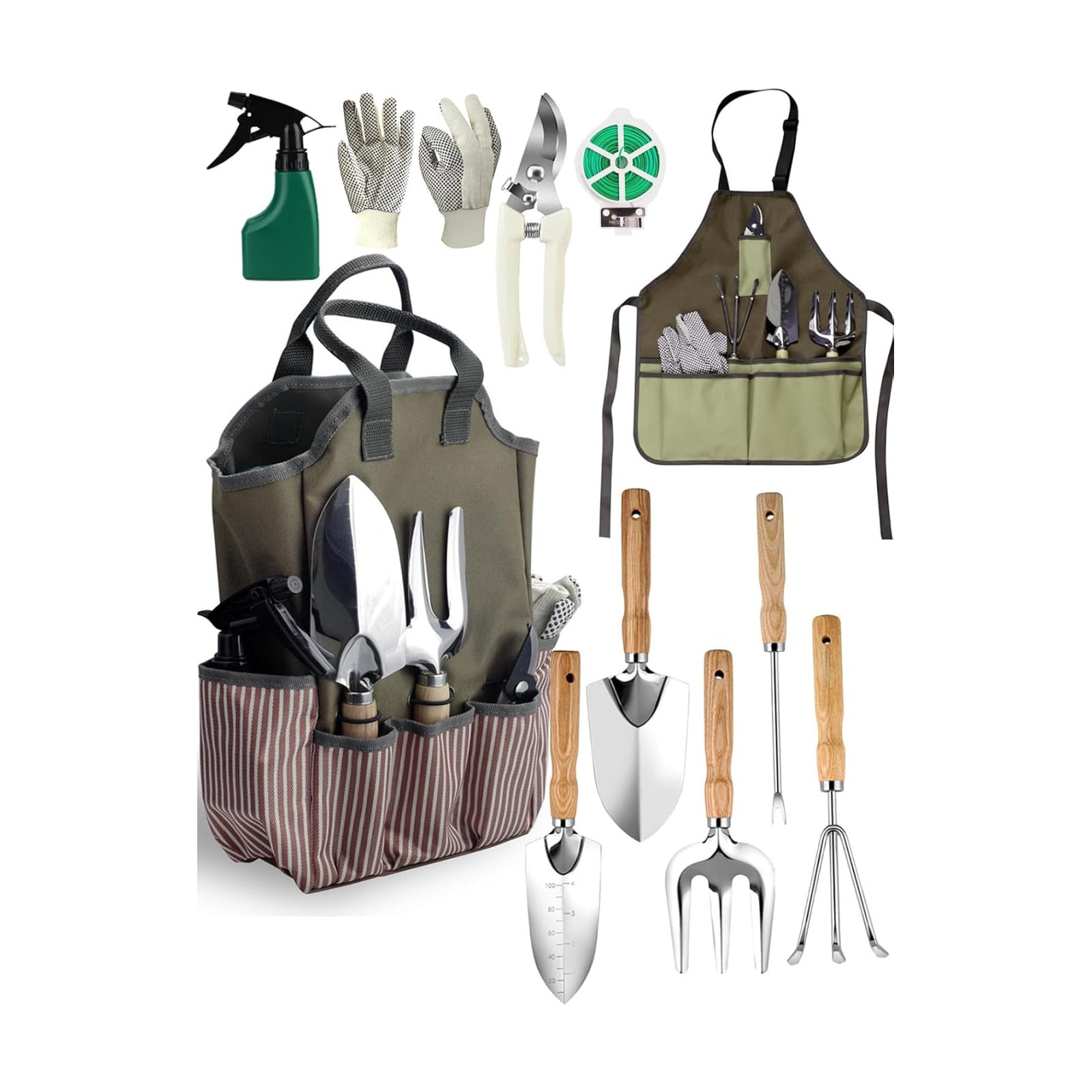 Garden Tools Set – 11-PCs Heavy Duty Gardening Kit, Stainless Steel Tools with Wooden Handles, Canvas Tote Bag, Gloves