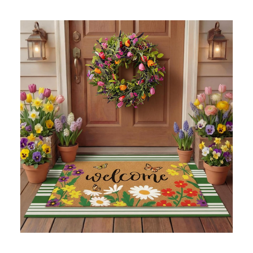 Tinideya 2 Pcs Spring Floral Layered Doormat Set for Seasonal Porch Decor