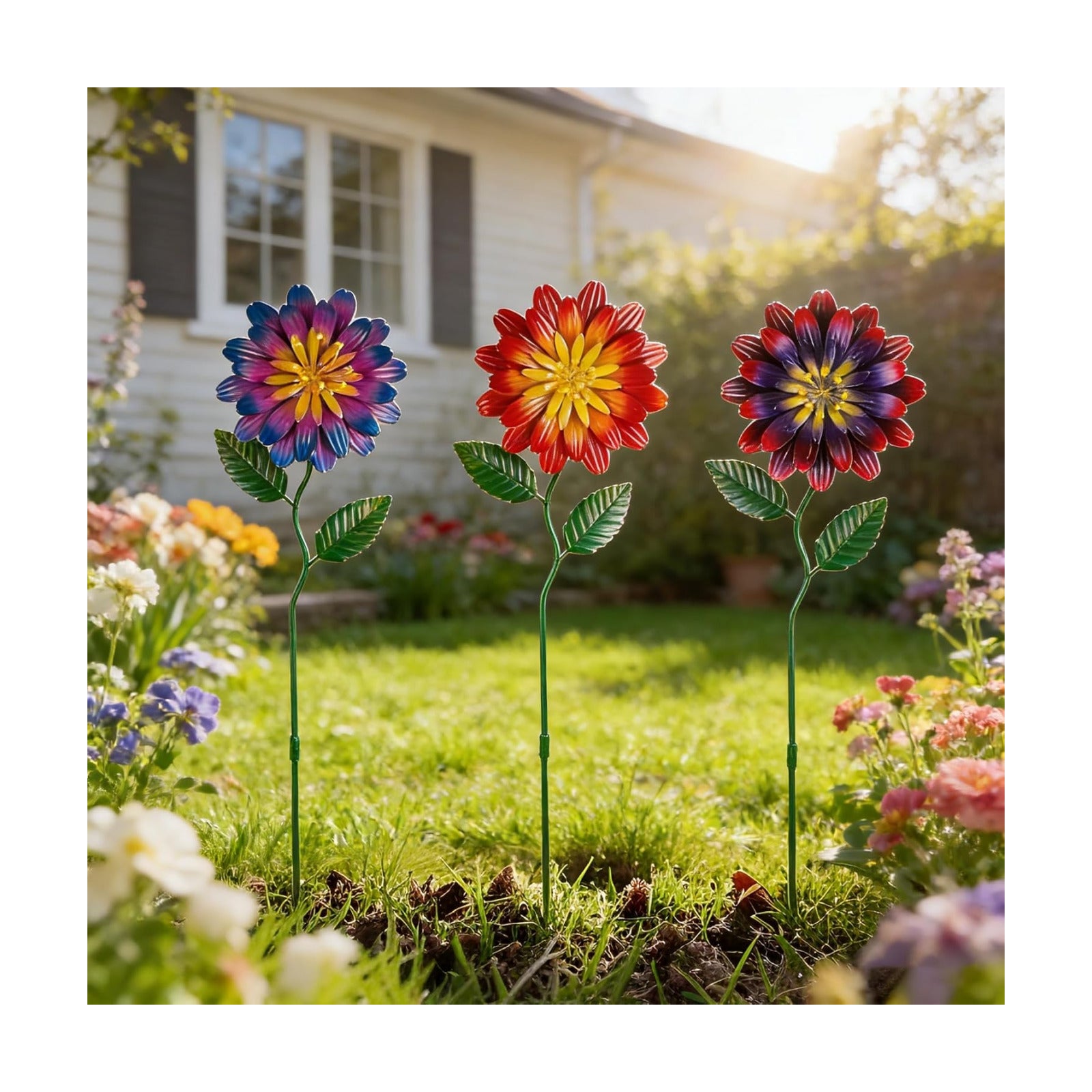 Metal Flowers for Outside,3 Pack Decorative Garden Stakes | Metal Spring Decor,Waterproof Metal Yard Art for
