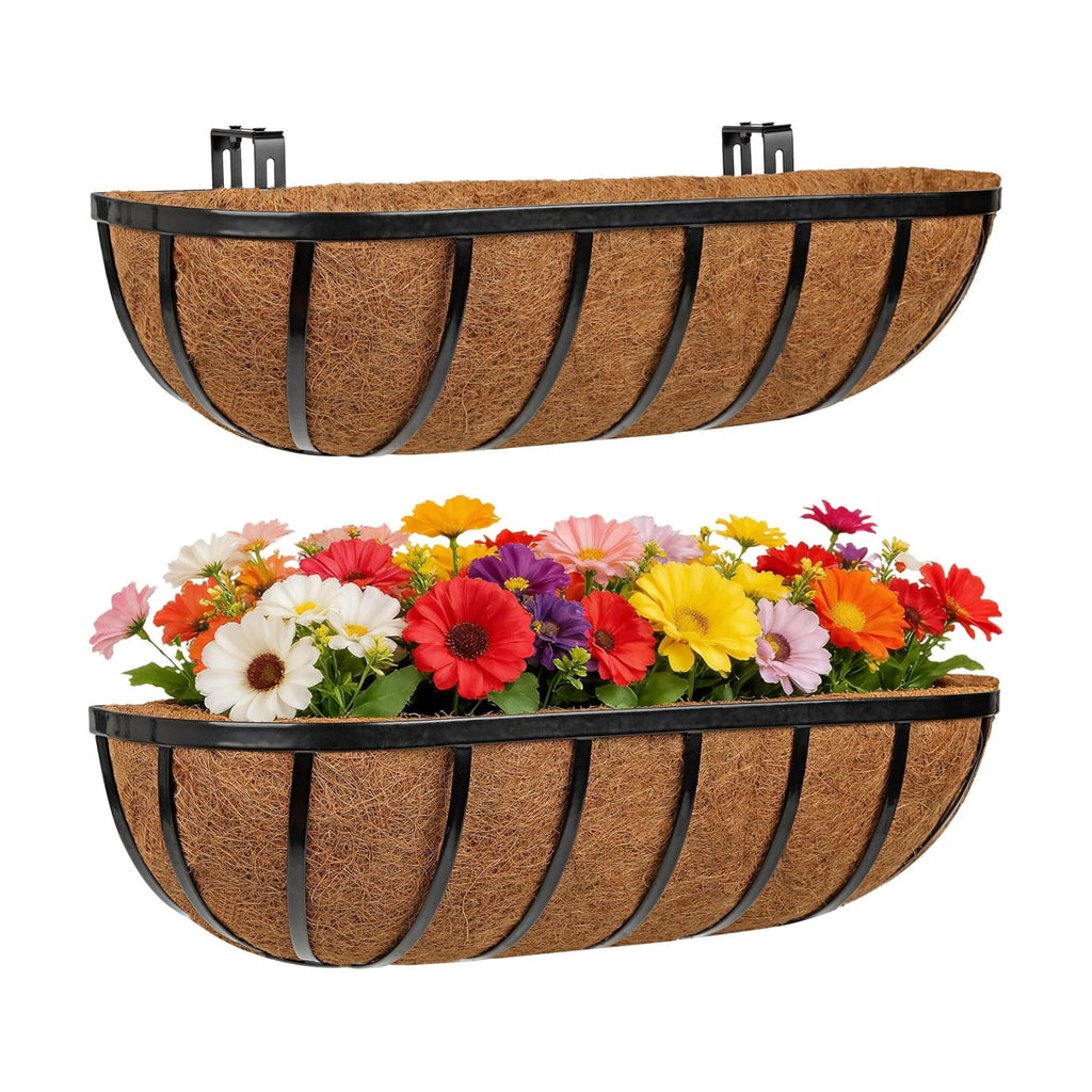 24 Inch Railing Planter Boxes with Adjustable Brackets for Hanging Outdoor Plants, Window Box Planter with Coco Liner