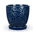 Hollyone 6 Inch Blue Ceramic Planter Flower Plant Pot with Drainage Hole and Saucer for Plants Embossed Indoor Outdoor
