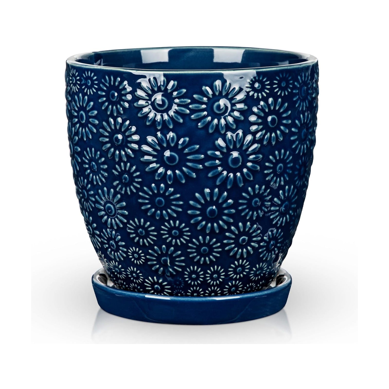 Hollyone 6 Inch Blue Ceramic Planter Flower Plant Pot with Drainage Hole and Saucer for Plants Embossed Indoor Outdoor