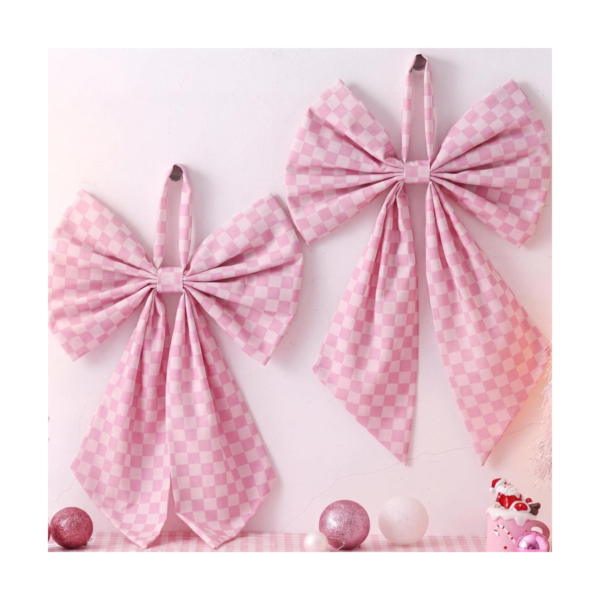 Suncalla 2 Pcs Pink Christmas Checkered Wreath Bows 18'' x 12''