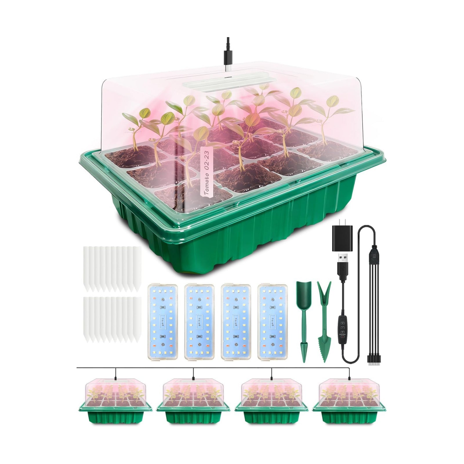 Seed Starter Tray with Grow Light (4x 24-LED), 4 Pack for Seed Starting | Seed Starter Kit with Humidity Domes and