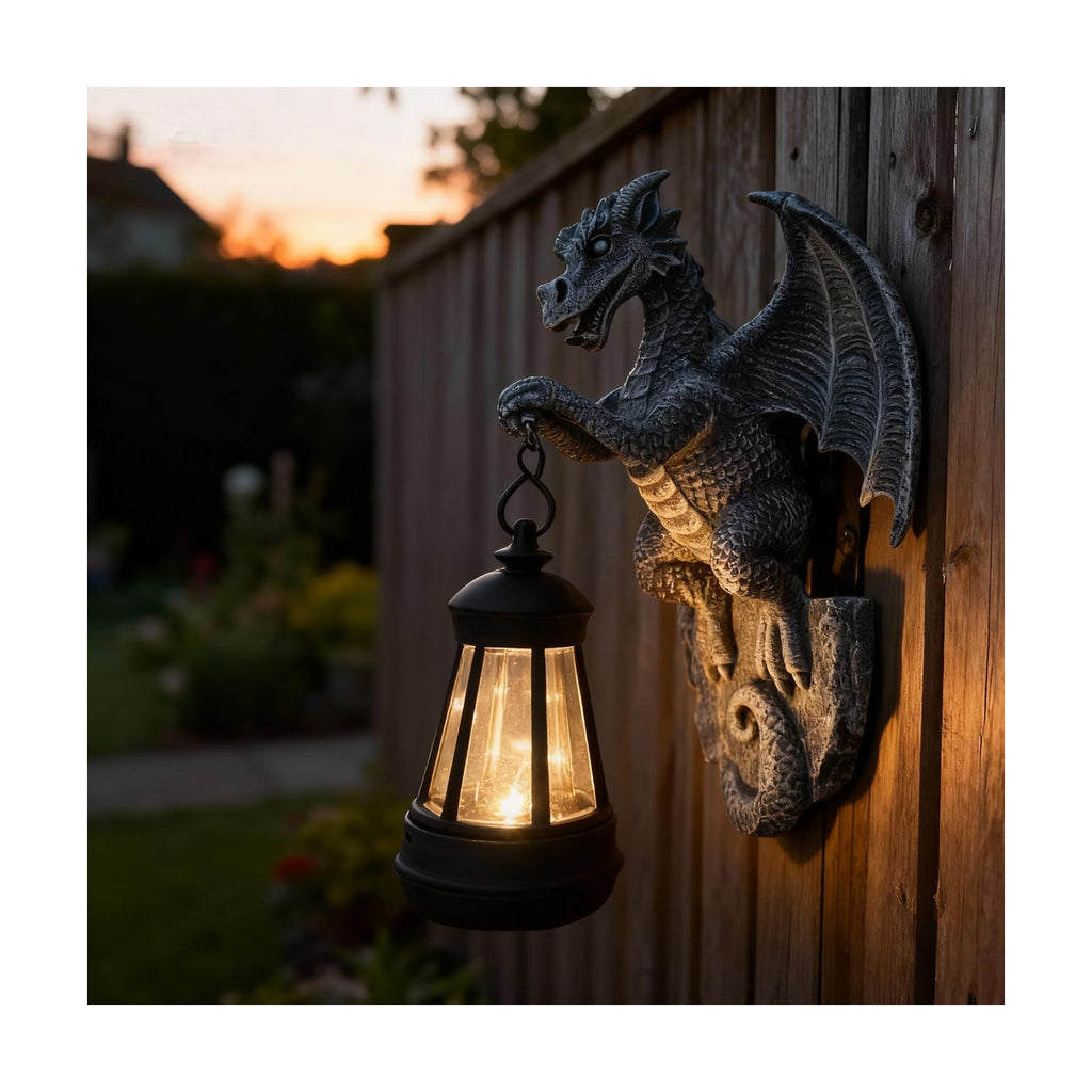 Solar-Powered Dragon Statue, 9 inch Outdoor Garden Decoration | Solar Light, Waterproof, Wall Hanging, Resin Sculpture
