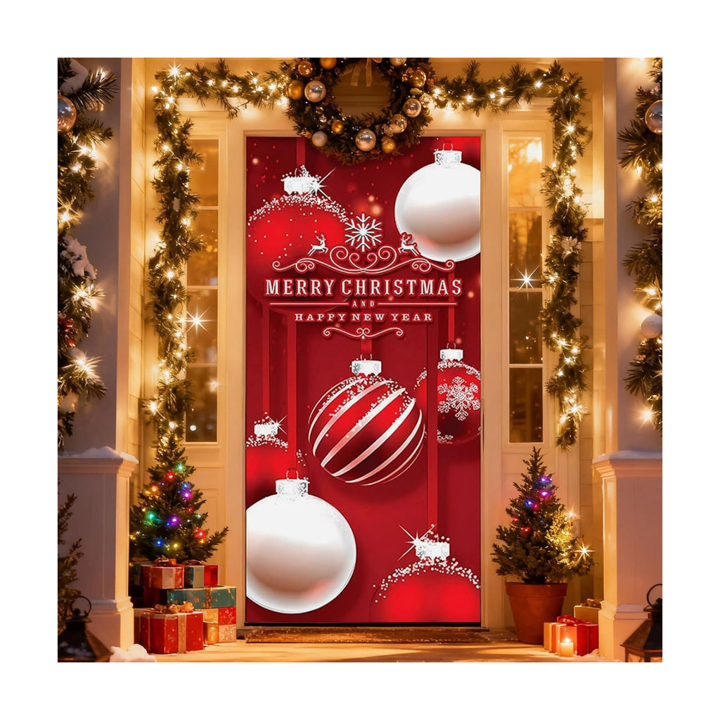 Christmas Door Cover, Elastic New Year Front Door Sleeve Decoration Snowman Porch Sign Christmas Ball Photography Background Banner Holiday Decor(Style 1)