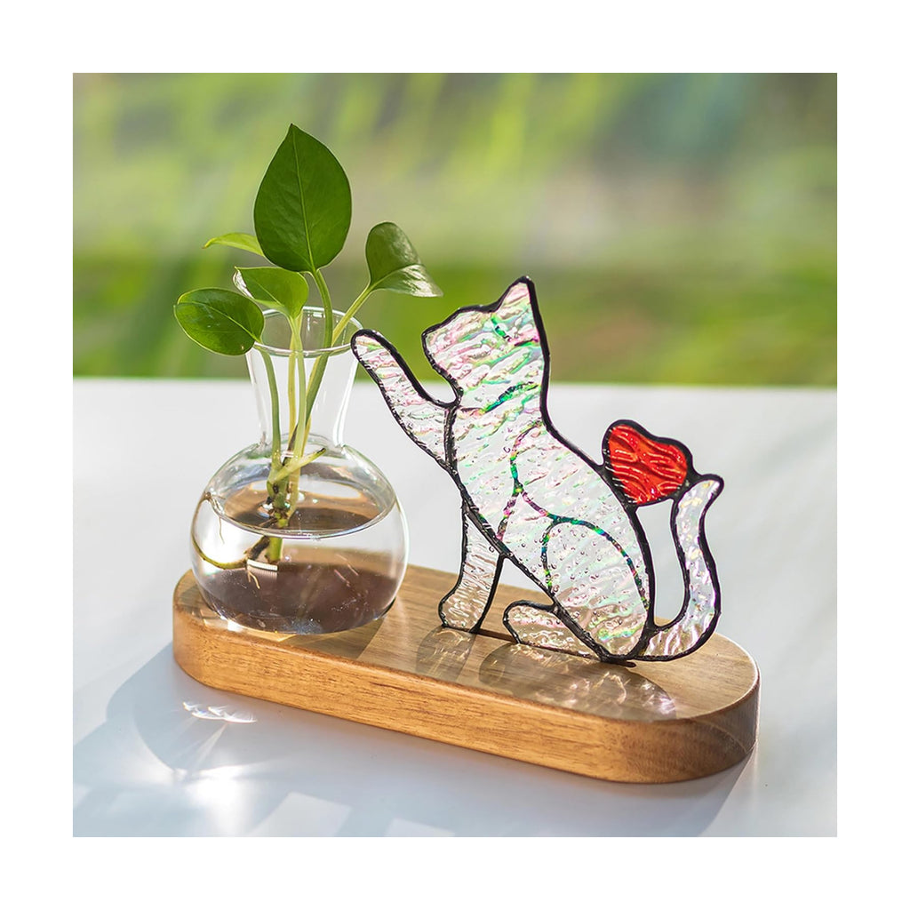 Hewory Handmade Cat Planter: Iridescent Stained Glass Propagation Stations | Cat Gifts for Women, Plant Lovers, Decor