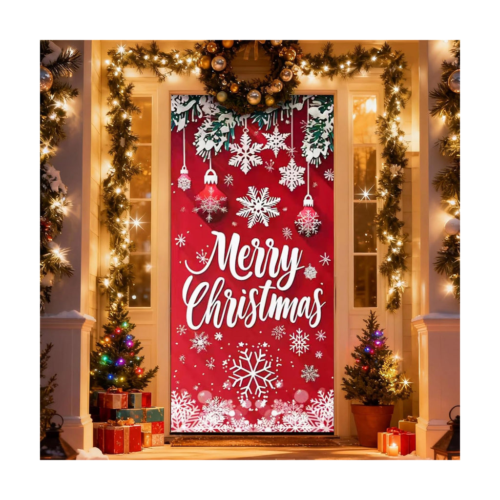 Merry Christmas and Happy New Year Door Cover, Elastic Xmas Front Door Sleeve Christmas Ball Photography Background Banner Holiday Decor(Style 8)