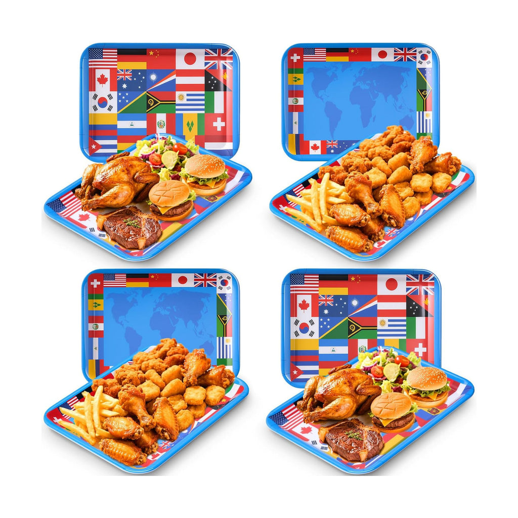 Vesici 4 Pack World Flag Serving Trays 13x10 Melamine Platters for Around the World Party Decorations, Rectangular International Map Dishes for Multicultural Global Theme Appetizers, Missionary Events