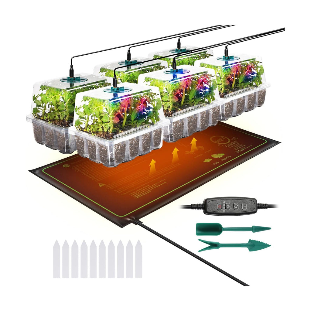 Adawook Clear Seed Starter Trays with Grow Lights & Heat Mat, 72 Cells Seed Starter Kit, 3 Lighting Mode, 4 Timing