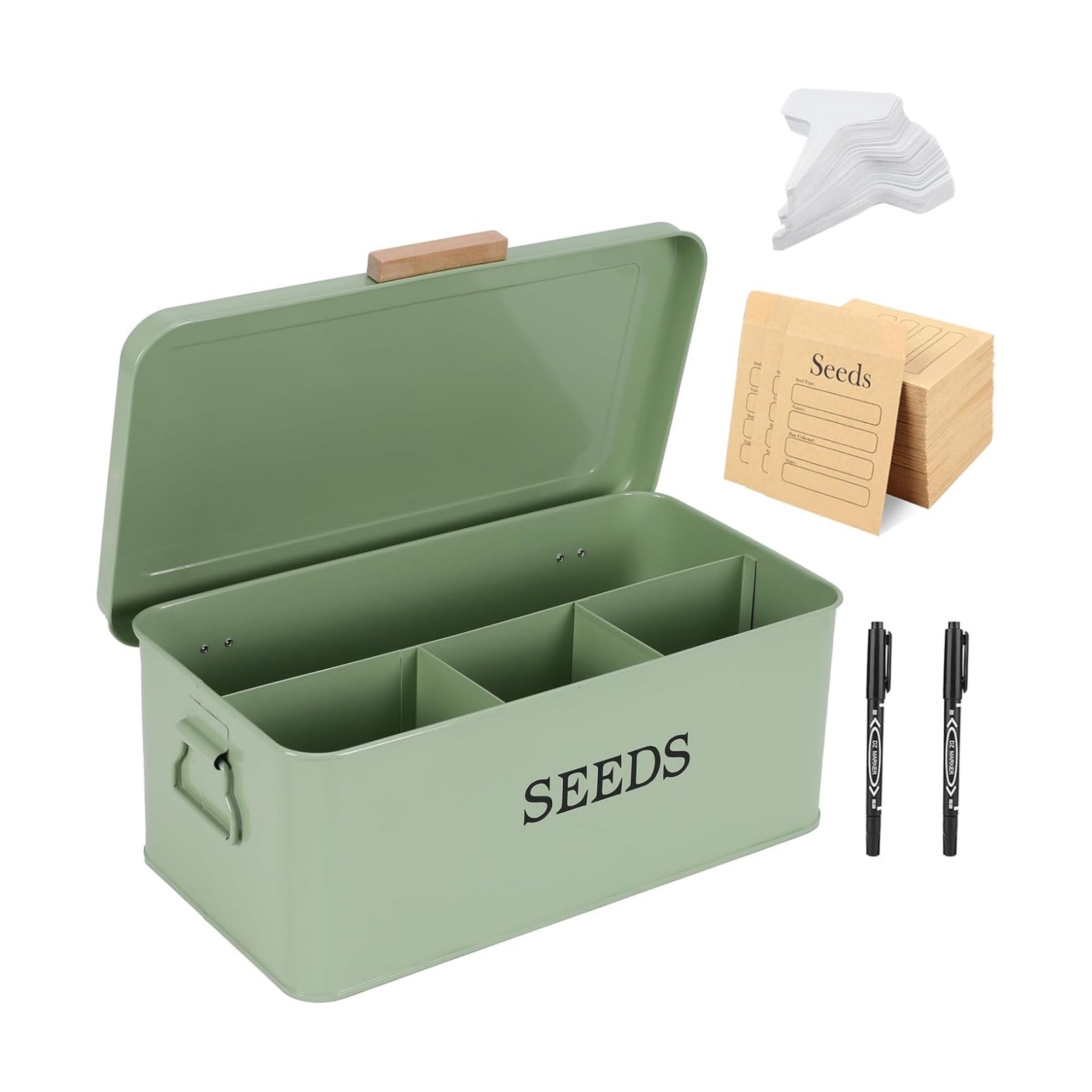Seed Storage Organizer with 4 Dividers,Metal Seed Saving Box with Lid, Seeds Bin Storage Container Kit with 2 Pens,20