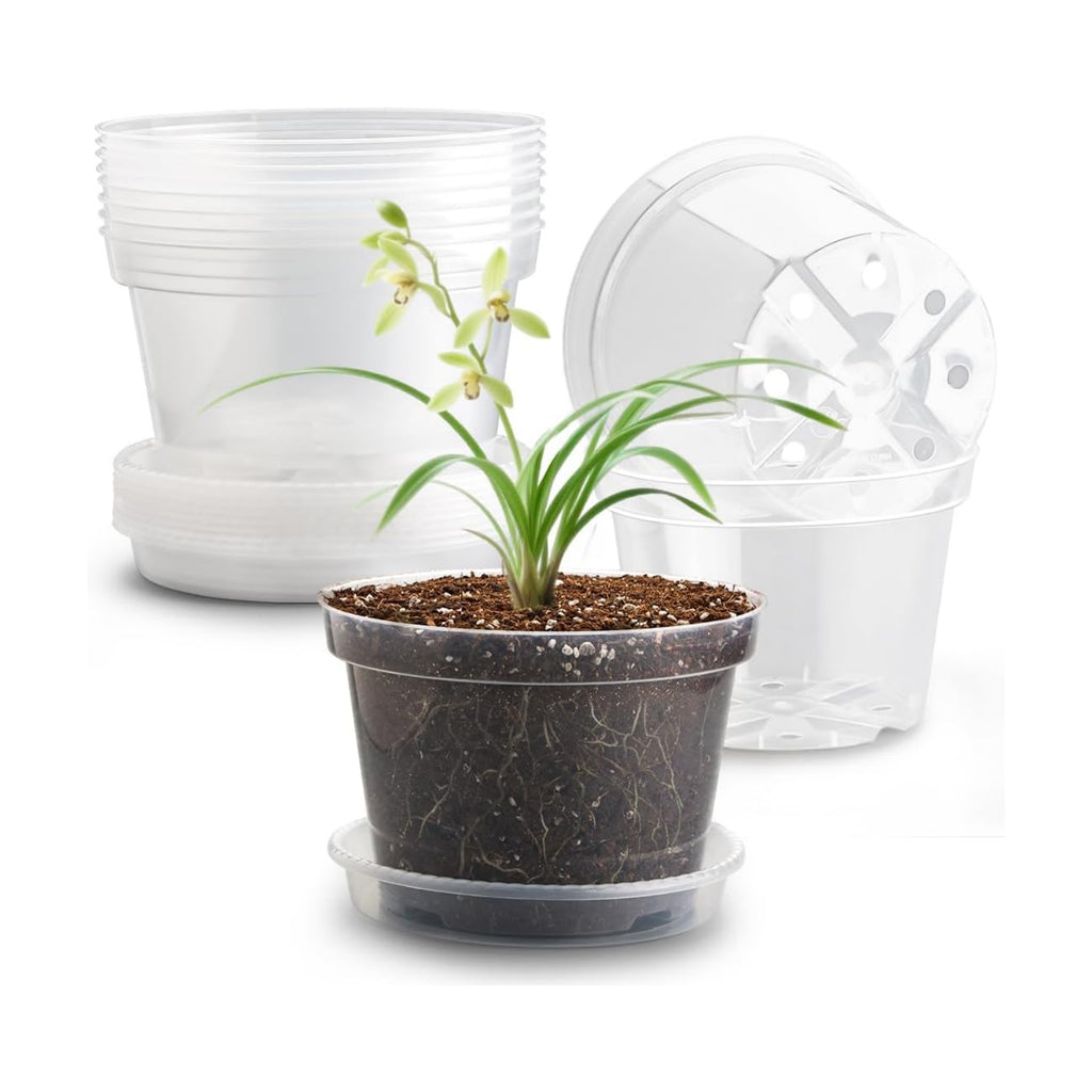 RooTrimmer 12 Pack 8 Inch Clear Plant Pots with Saucers, Transparent Plastic Nursery Pots with Drainage Hole, Sturdy Garden Planter Pots, Planting Starter Pots for Indoor Outdoor