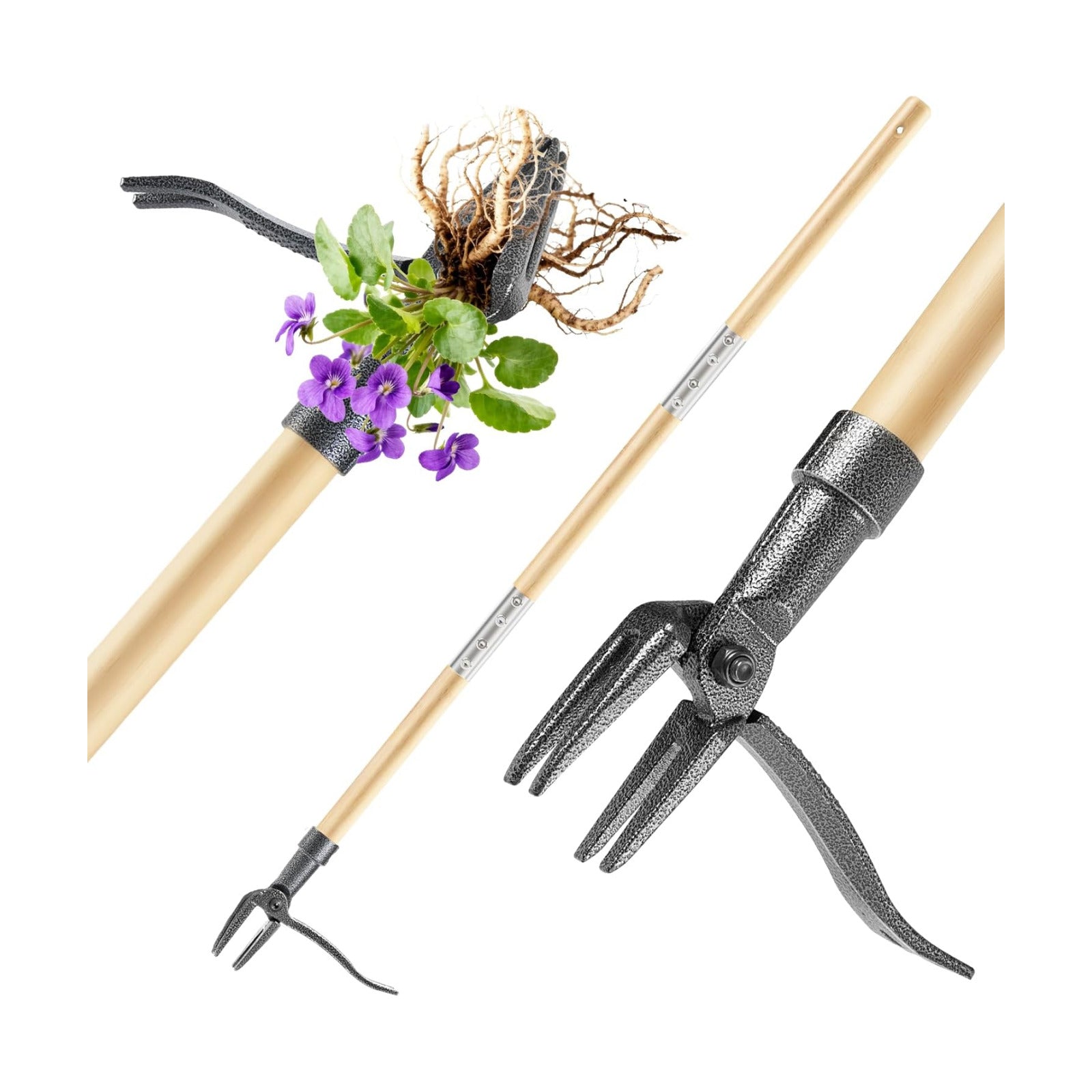 Weed Puller Tool, Stand Up Heavy Duty Weed Remover Tool with Long Handle & 4-Claw Steel Head, Bamboo Garden Hand