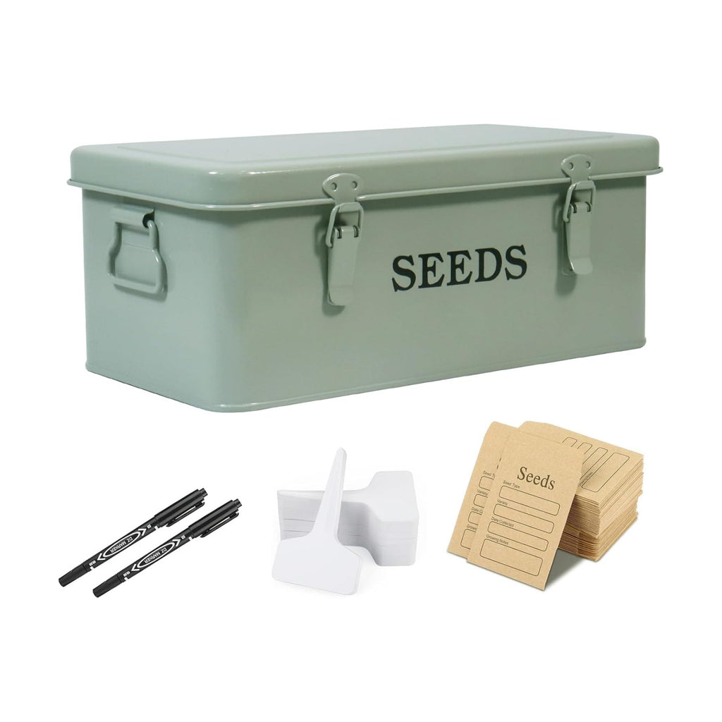 Seed Storage Organizer,Metal Seed Saving Box with Lid and Safety Locks, 4 Compartment Seeds Saver Kit with 2 Pens,20