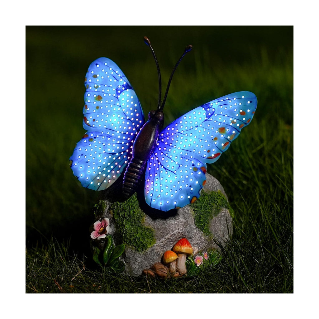 WSgift Solar Butterfly Garden Statue Weatherproof Outdoor Hand-Painted Decor Butterfly Resin Figurine Blue