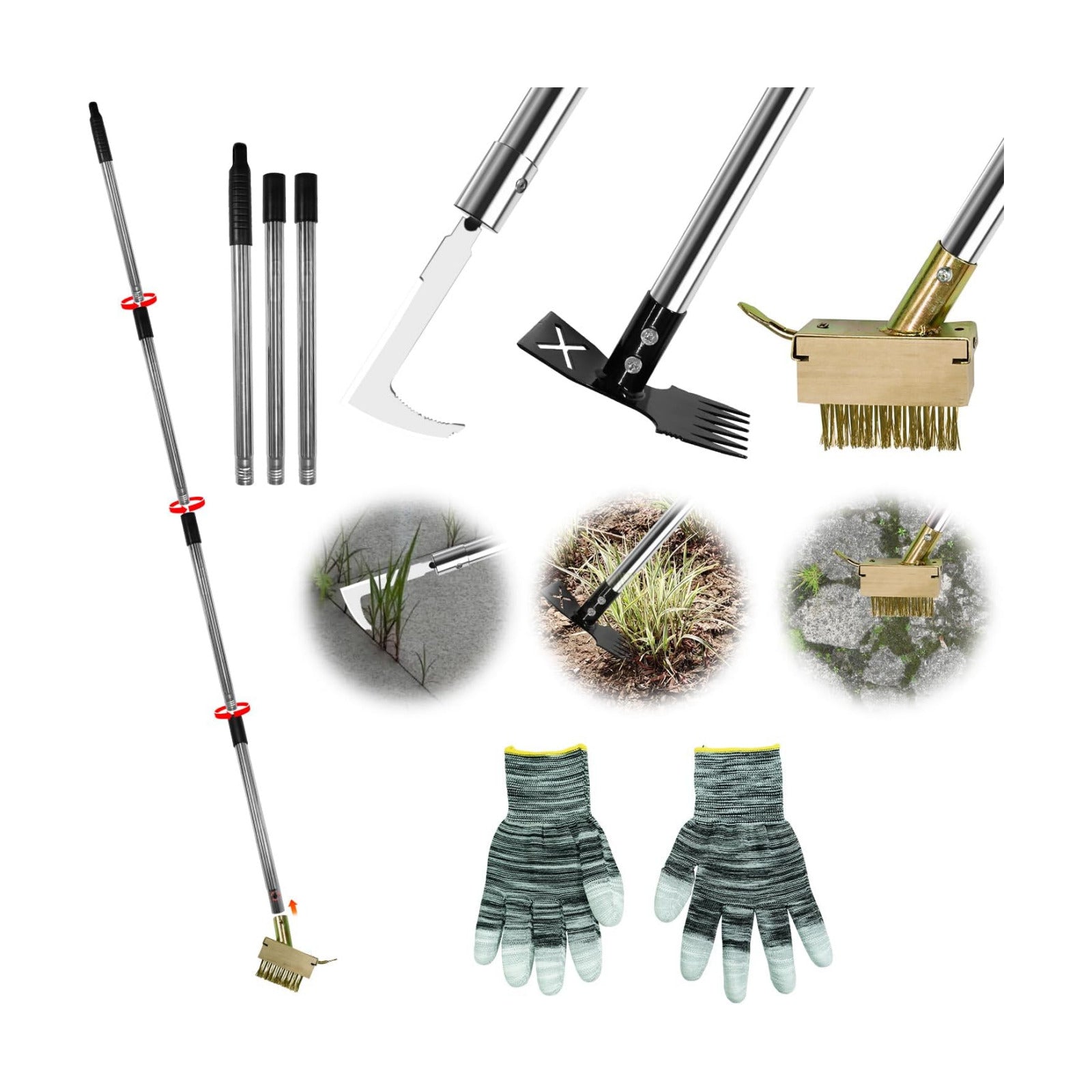 3-in-1 Weed Puller Tool, Crack Weeder Surface Brush & Hoe Adjustable 16-63" | 3-in-1 manual weed puller: crack weeder