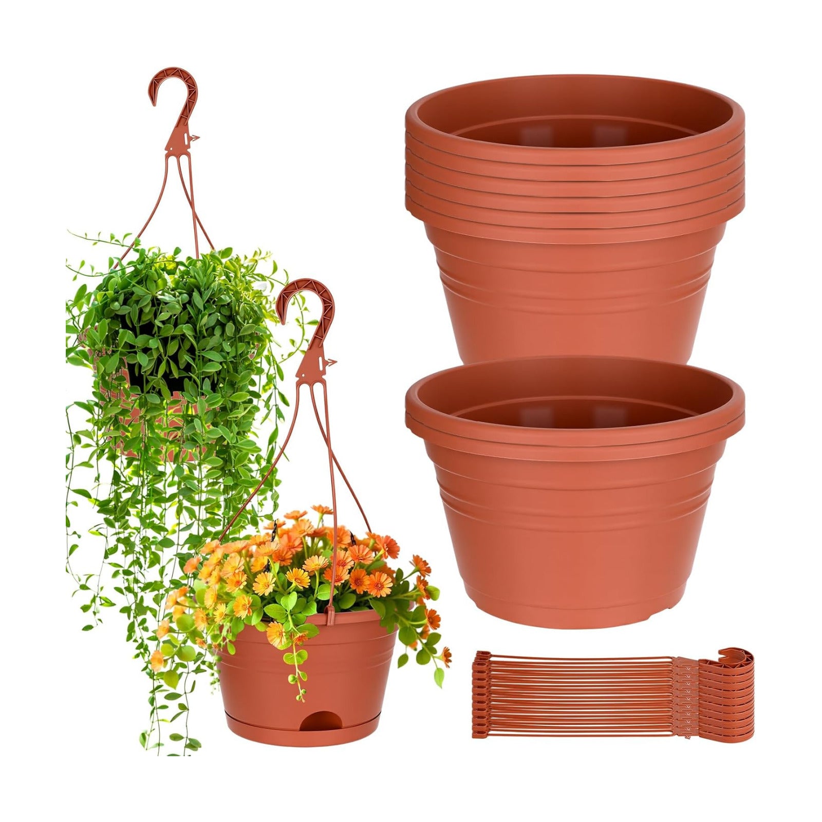Roshtia 10 Pcs 10 Inch Hanging Baskets for Plants, Brown | Large Plastic Hanging Basket Pots with Drainage Trays, Self