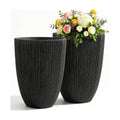 2-Pack 19" Black Resin Tall Round Planters with Fluted Texture | Set of 2 resin tall planters with black fluted