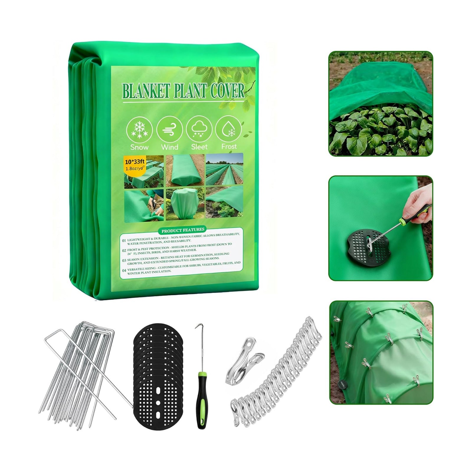 Plant Covers Freeze Protection kit，1.8 oz/yd²-10 ft x 33 ft Thickened Floating Row Cover for Outdoor Plants With 20
